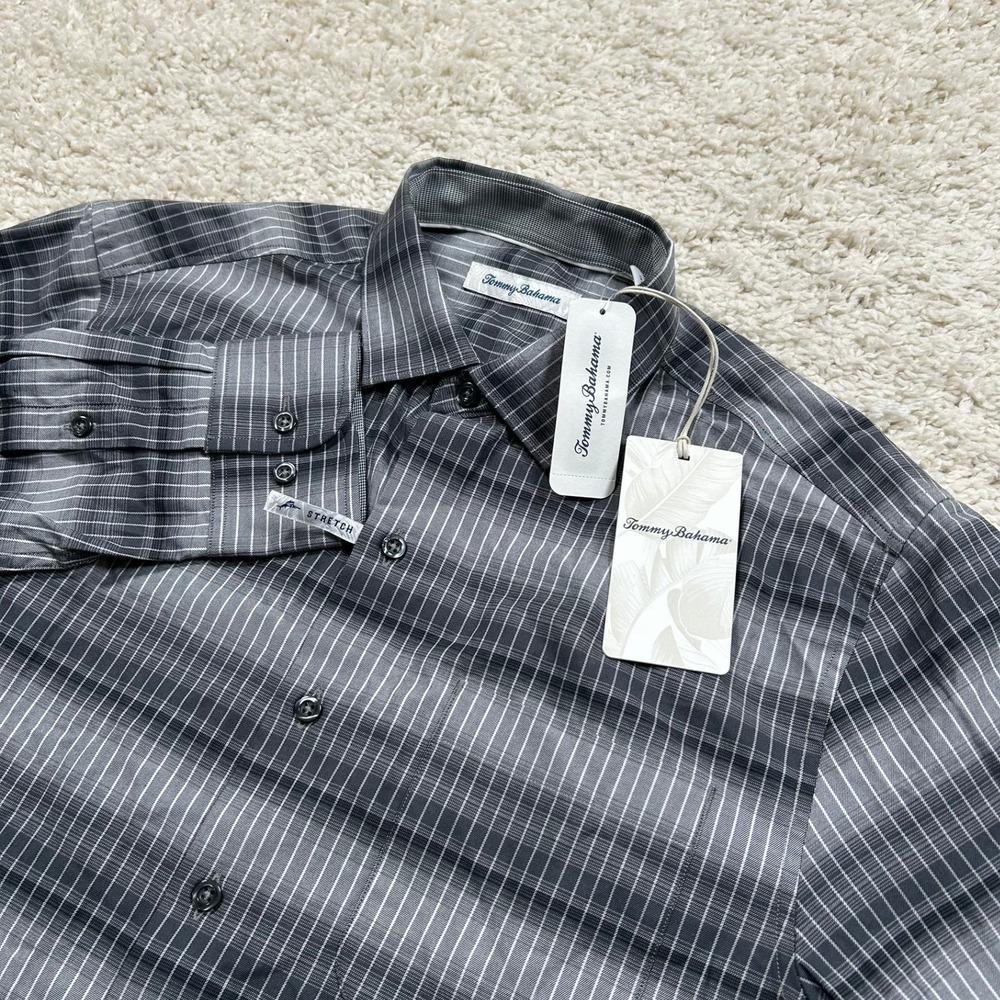 Tommy Bahama Button Down Shirt Small Grey Lazlo Stripe Cotton Silk Blend New